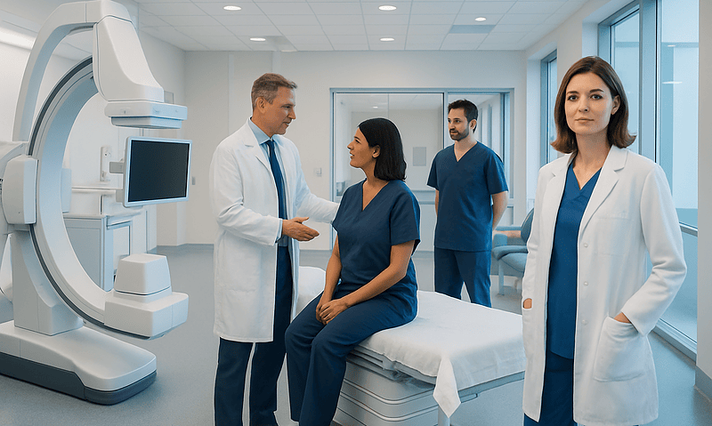 Medical team discussing brain imaging in a modern hospital setting.