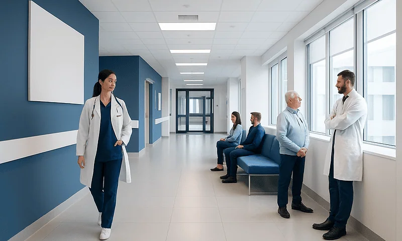 Hospital corridor with doctors and patients in a modern medical facility.