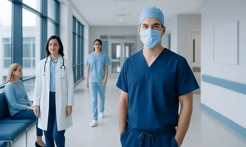 Surgical team in hospital corridor with neurophysiologist in foreground.