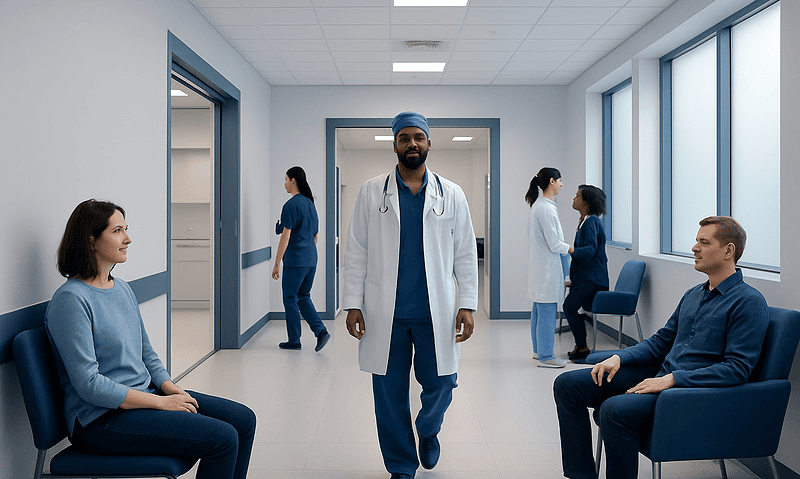 Medical team in hospital corridor with patients waiting.