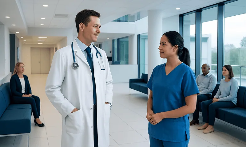 Doctor and nurse talking in hospital corridor with patients in background.