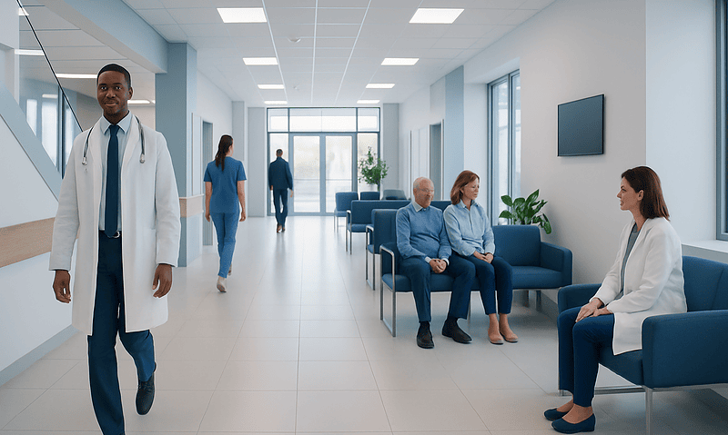 Modern hospital waiting area with doctors and patients at Acibadem Hospitals Group.