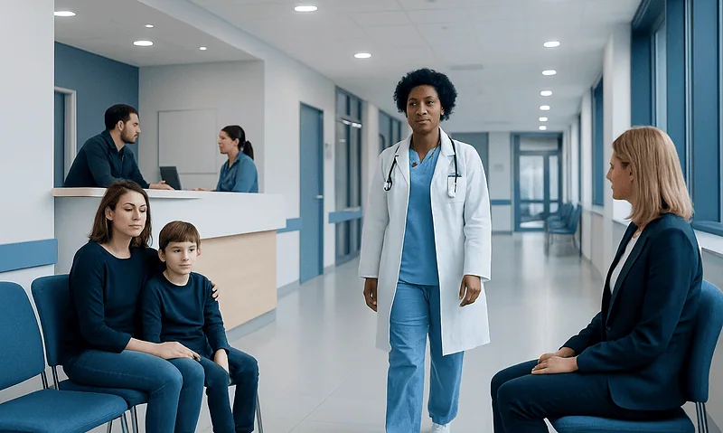 Medical professional with patients in a hospital corridor.