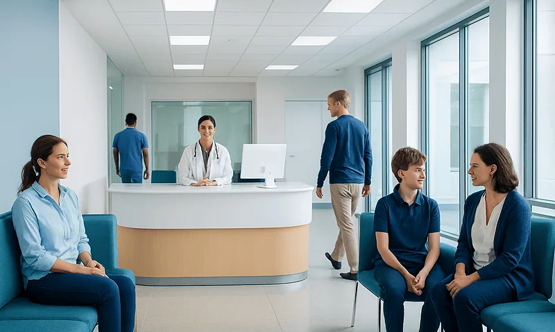 Patients waiting in a modern hospital reception area with medical staff present.