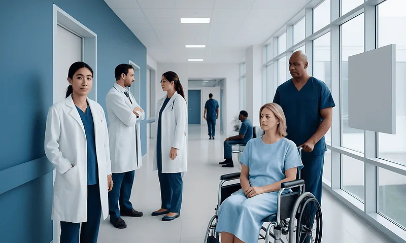 Medical team and patient in hospital corridor for neurointerventional radiology.