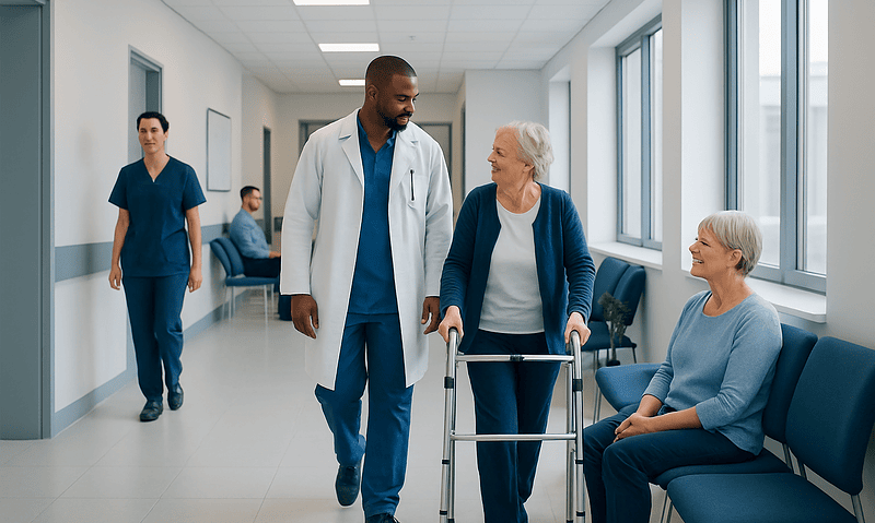Healthcare professionals assisting elderly patients in a hospital corridor.