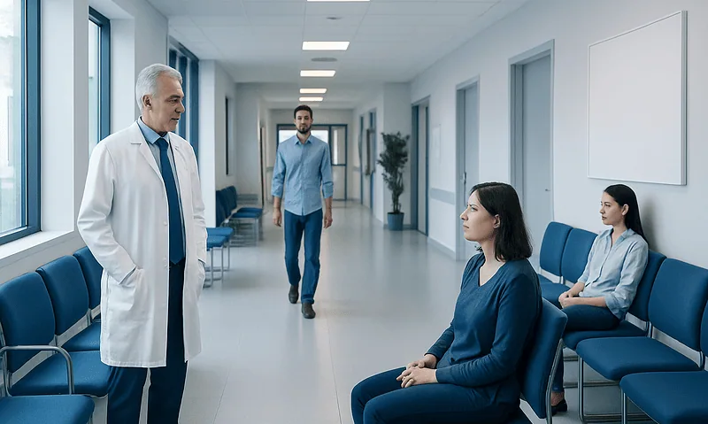 Doctor consulting female patients in hospital corridor.