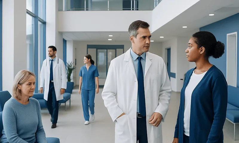 Medical team discussing patient care in a hospital corridor.