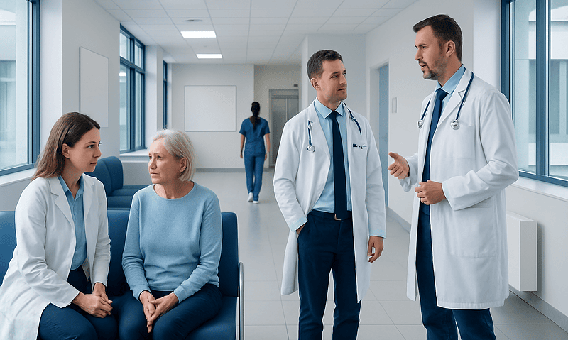 Medical team consulting with elderly patient in hospital corridor.