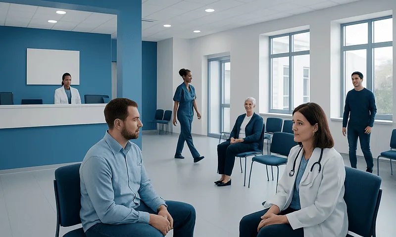 Medical consultation in a modern hospital waiting area with healthcare professionals and patients.