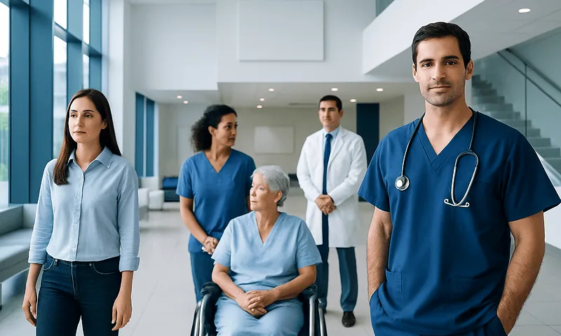 Healthcare professionals and patient in hospital corridor at Acibadem Hospitals Group.