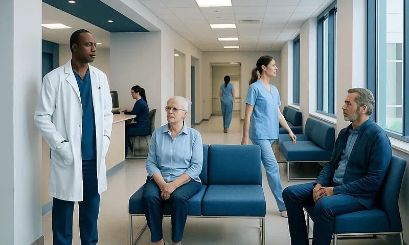 Medical staff and patients in a hospital waiting area at Acibadem Hospitals Group.