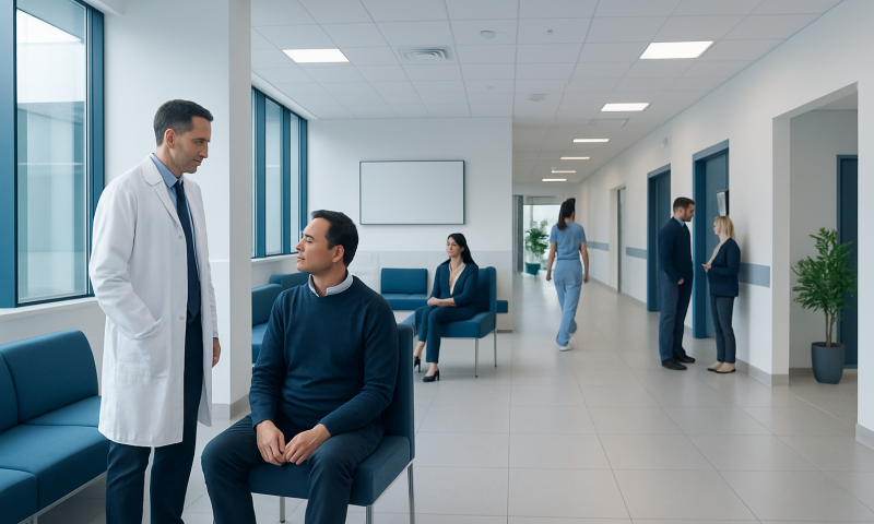 Doctor consulting patient in a modern hospital corridor.