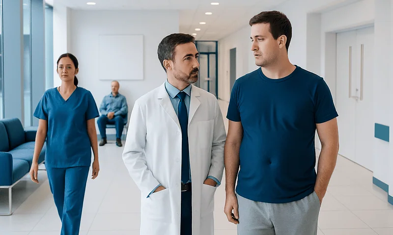 Doctor consulting male patient in hospital corridor.