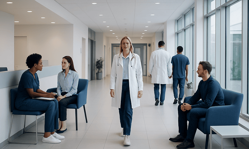 Modern hospital corridor with doctors and patients in a healthcare setting.