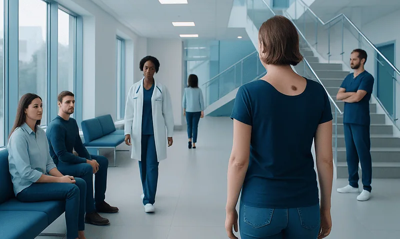 Patient speaking to medical team in hospital corridor.