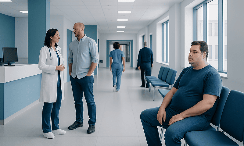 Patients and healthcare professionals in a hospital corridor.