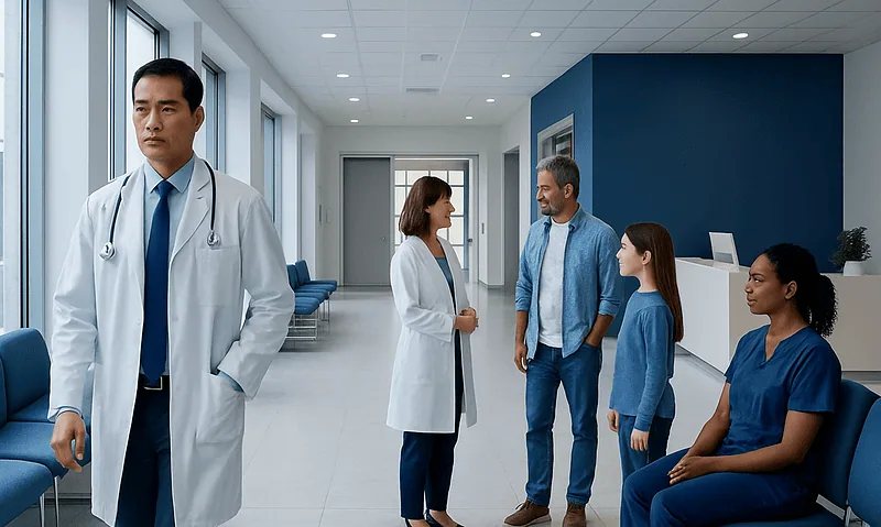 Medical team and patients in a modern hospital corridor.