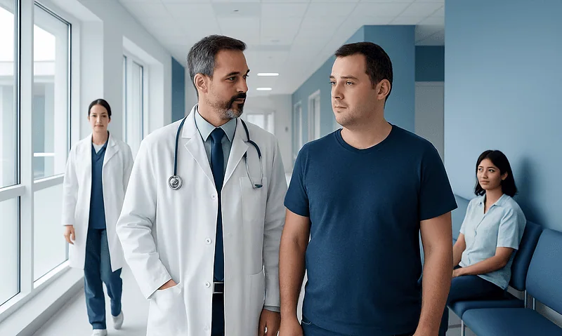 Doctor consulting male patient in hospital corridor with nurses in background.