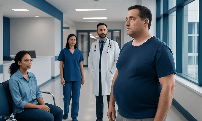 Man with enlarged abdomen in hospital corridor with medical staff.