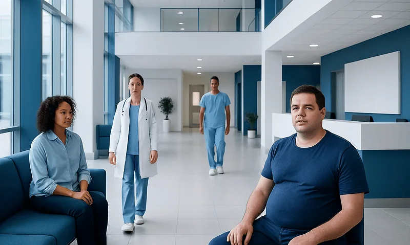 Patients waiting in a modern hospital corridor with medical staff nearby.