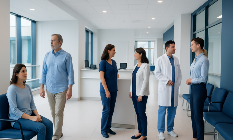 Medical team and patient in hospital waiting area at Acibadem Hospitals Group.