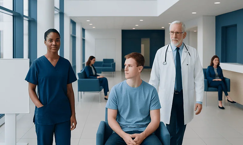 Medical consultation in a modern hospital with healthcare professionals and patient.