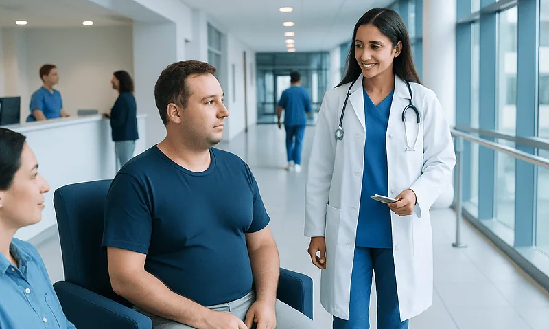 Doctor consulting male patient in hospital corridor.