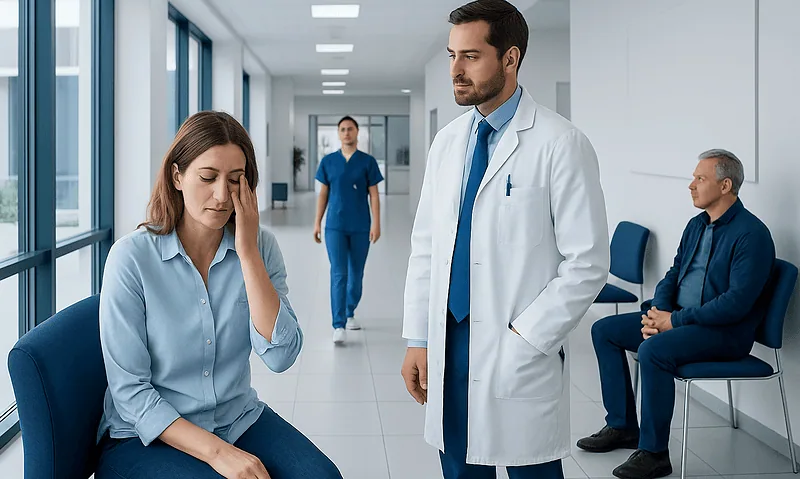 Patient experiencing eye discomfort in a hospital corridor with medical staff nearby.