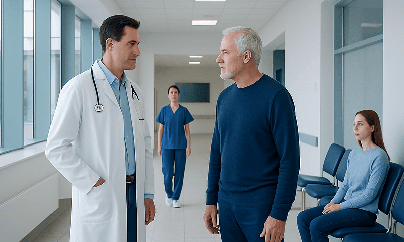 Doctor talking to a senior male patient in a hospital corridor.