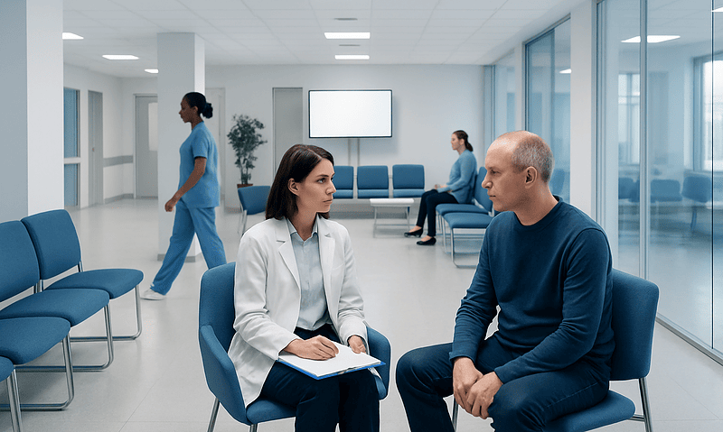 Doctor consulting with patient in a modern hospital waiting area.