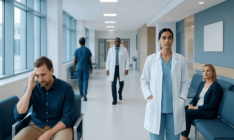 Hospital corridor with patients and medical staff, healthcare setting.