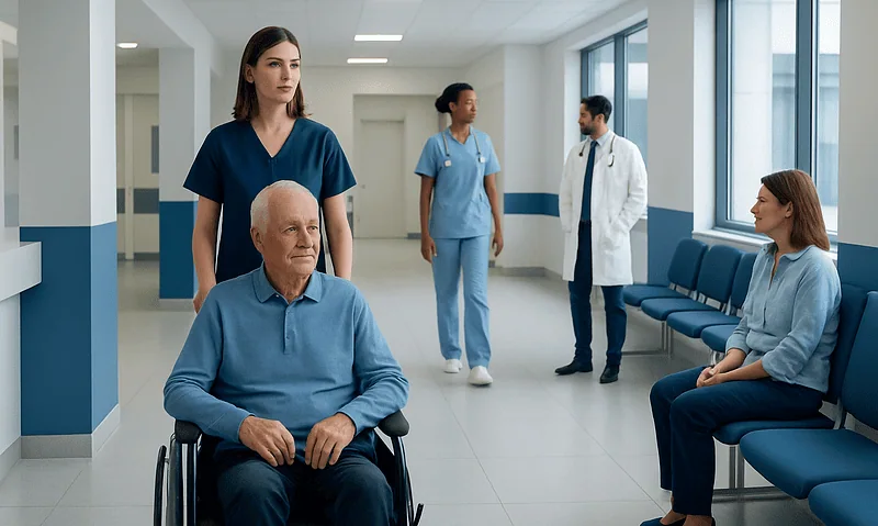 Medical team with patient in hospital corridor, healthcare professionals at Acibadem Hospitals.