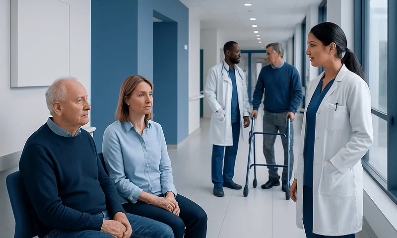 Doctor consulting patients in a hospital corridor with a wheelchair nearby.