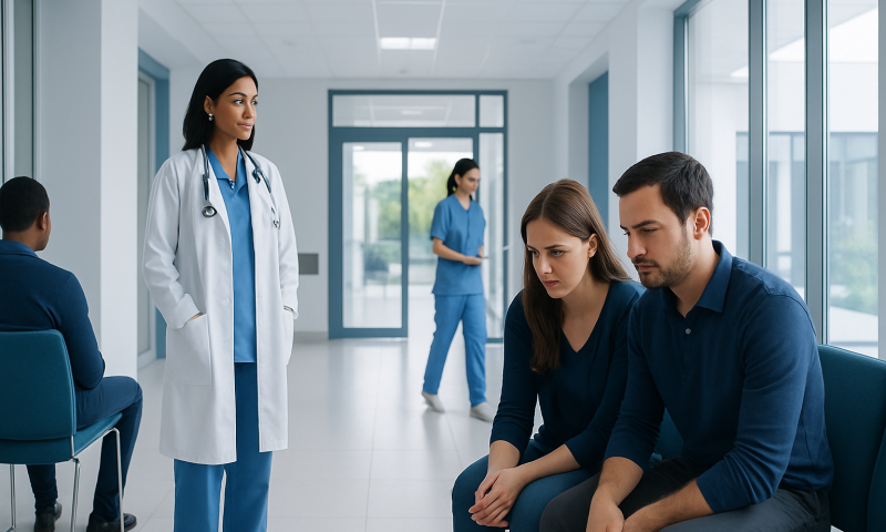 Fertility clinic consultation with medical staff and patients in a modern hospital.
