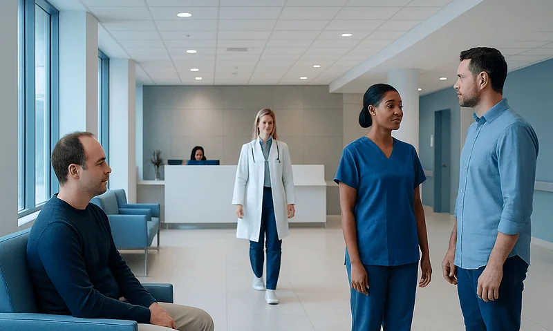 Patients and medical staff in a modern hospital lobby.