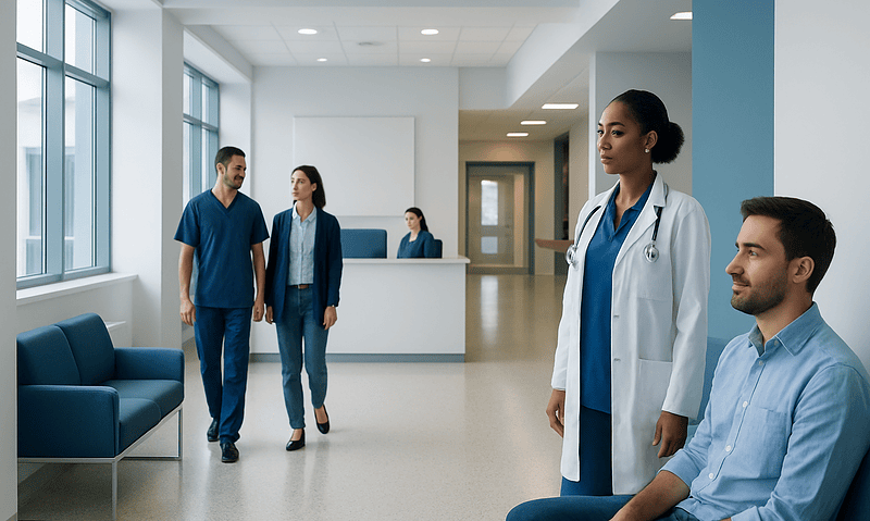 Medical professionals and patient in a modern hospital corridor.