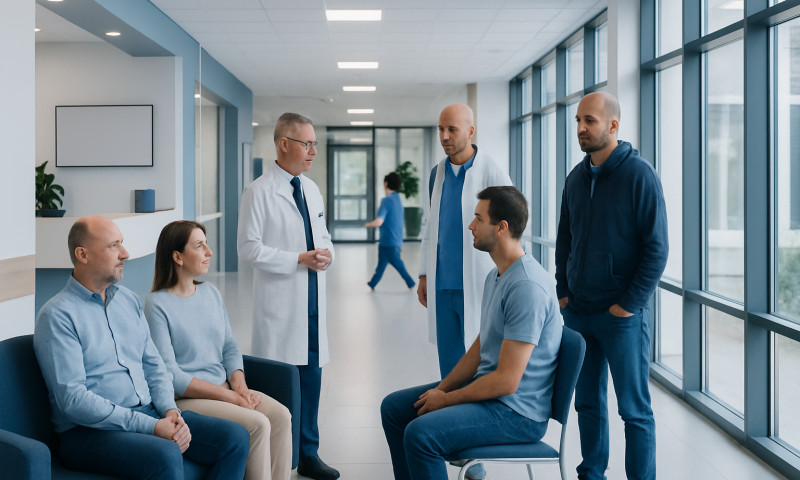 Medical consultation at Acibadem Hospital with doctors and patients in a modern facility.