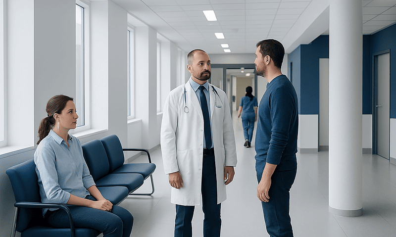 Doctor consulting with patient in hospital corridor.