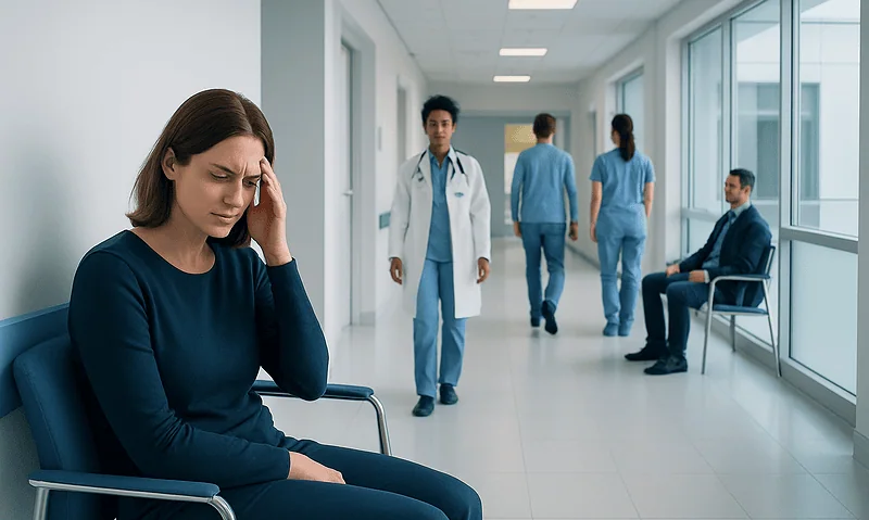 Woman with headache in hospital corridor with medical staff and patient.