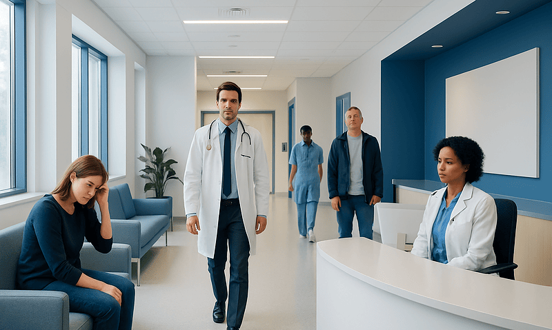 Medical team in hospital corridor with patient waiting area and staff.