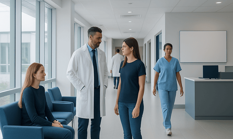 Medical team discussing patient care in hospital corridor.