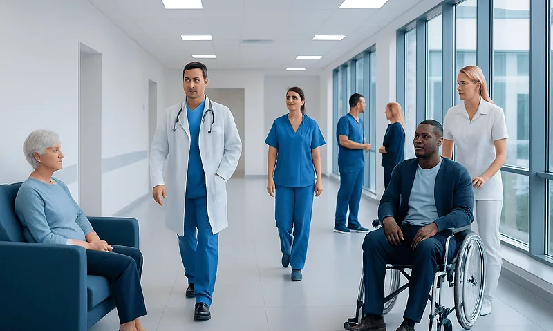Medical team attending to a patient in a hospital corridor.
