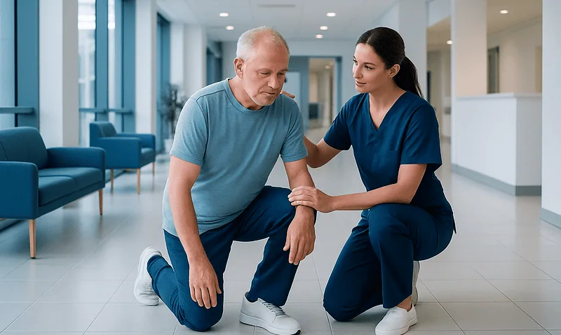 Can You Kneel After Knee Replacement Surgery? 16 Knee rehabilitation session at Acibadem Hospital with healthcare professional and patient.