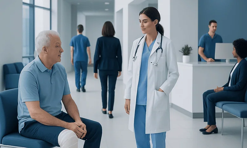 How Long Does Knee Replacement Surgery Usually Take? 14 Doctor consulting elderly patient in hospital corridor.