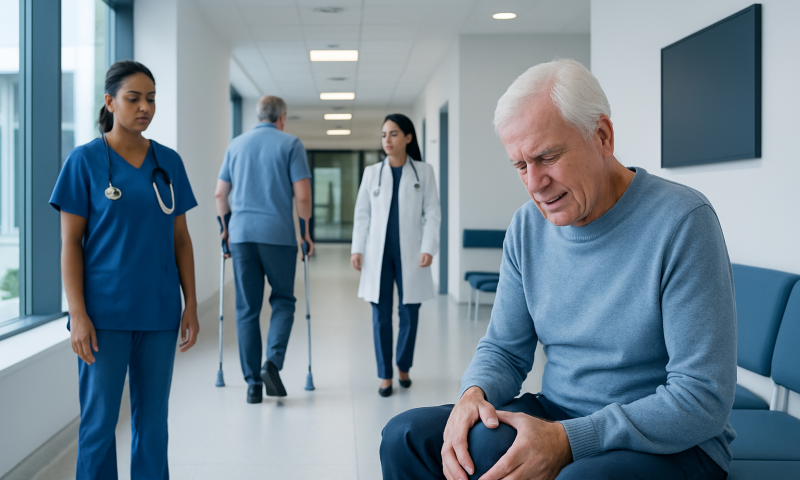 Why Is Pain So Intense After Knee Replacement? 13 Elderly man with knee pain in hospital corridor with medical staff.