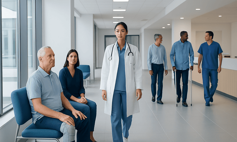 What Is the Cost of Knee Replacement Surgery? 10 Medical team and patient in hospital corridor, healthcare setting.