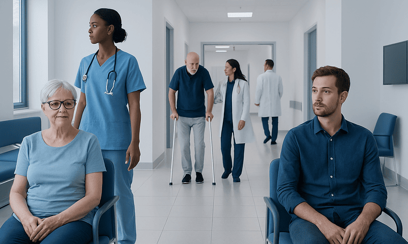 How to Sleep Comfortably After Knee Replacement 7 Patients and healthcare professionals in a hospital corridor after knee replacement surgery.
