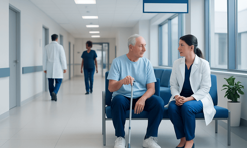 How to Know If You Need a Knee Replacement 4 Patient consulting with doctor in hospital corridor for knee health.