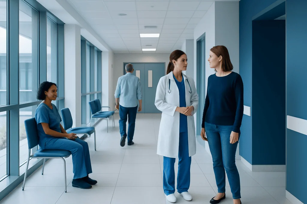 Will Insurance Cover Liposuction? 1 Medical professionals and patient in hospital corridor at Acibadem Hospitals Group.